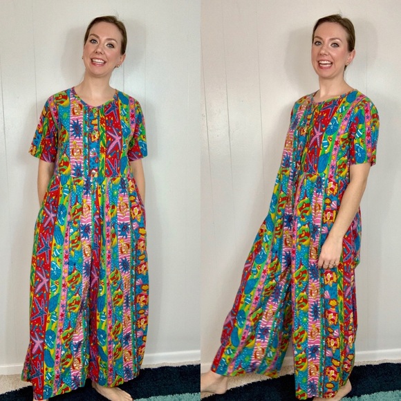 Vintage Pants - VINTAGE Cotton Jumpsuit Vibrant Fish Pattern | L4